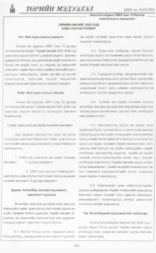 «Төрийн мэдээлэл» № 10, 249-р хуудасны скан