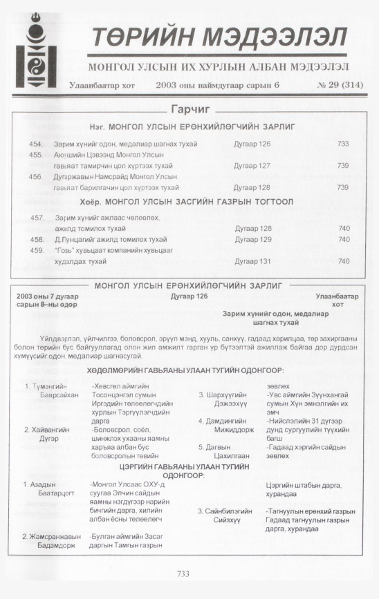 «Төрийн мэдээлэл» № 28, 733-р хуудасны скан