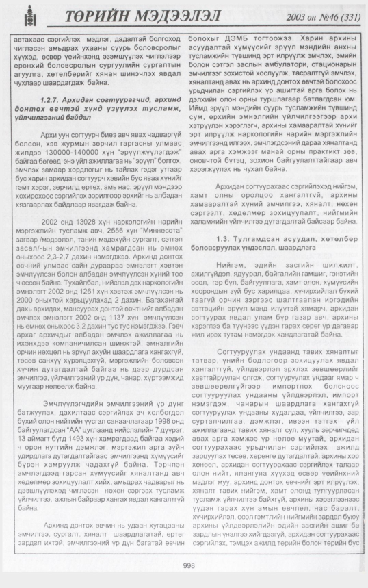 «Төрийн мэдээлэл» № 46, 998-р хуудасны скан
