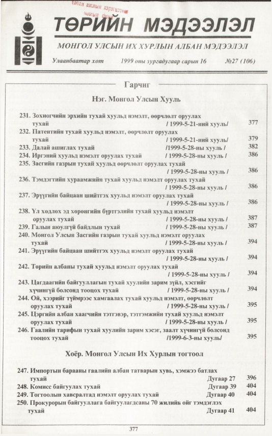 «Төрийн мэдээлэл» № 27, 377-р хуудасны скан