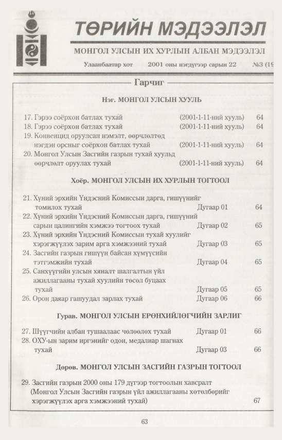 «Төрийн мэдээлэл» № 7, файлын 67-р хуудас