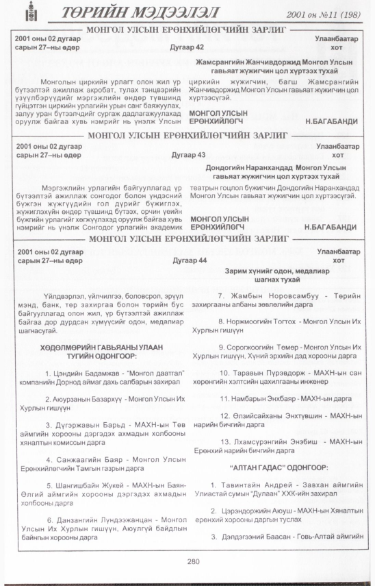 «Төрийн мэдээлэл» № 11, 280-р хуудасны скан