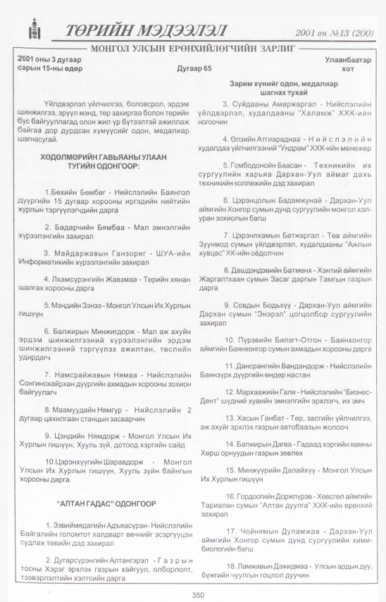 «Төрийн мэдээлэл» № 13, 350-р хуудасны скан