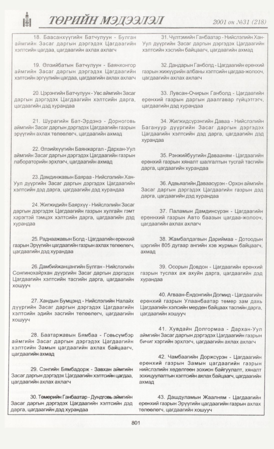 «Төрийн мэдээлэл» № 31, 801-р хуудасны скан