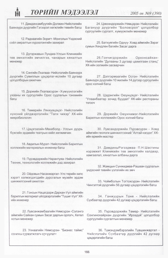 «Төрийн мэдээлэл» № 9, 166-р хуудасны скан