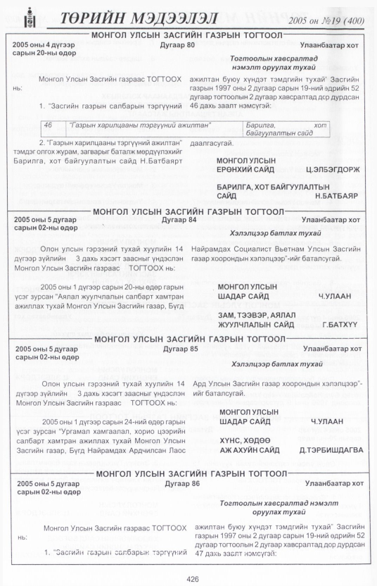 «Төрийн мэдээлэл» № 19, 426-р хуудасны скан