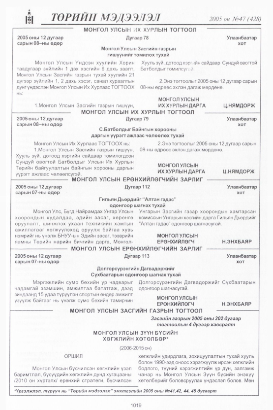 «Төрийн мэдээлэл» № 47, 1019-р хуудасны скан