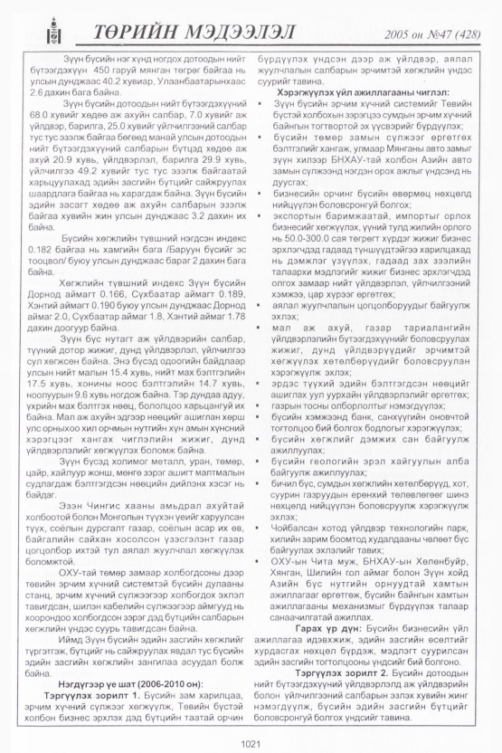 «Төрийн мэдээлэл» № 47, 1021-р хуудасны скан