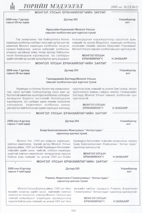 «Төрийн мэдээлэл» № 32, 936-р хуудасны скан