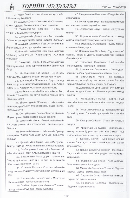 «Төрийн мэдээлэл» № 40, 1184-р хуудасны скан