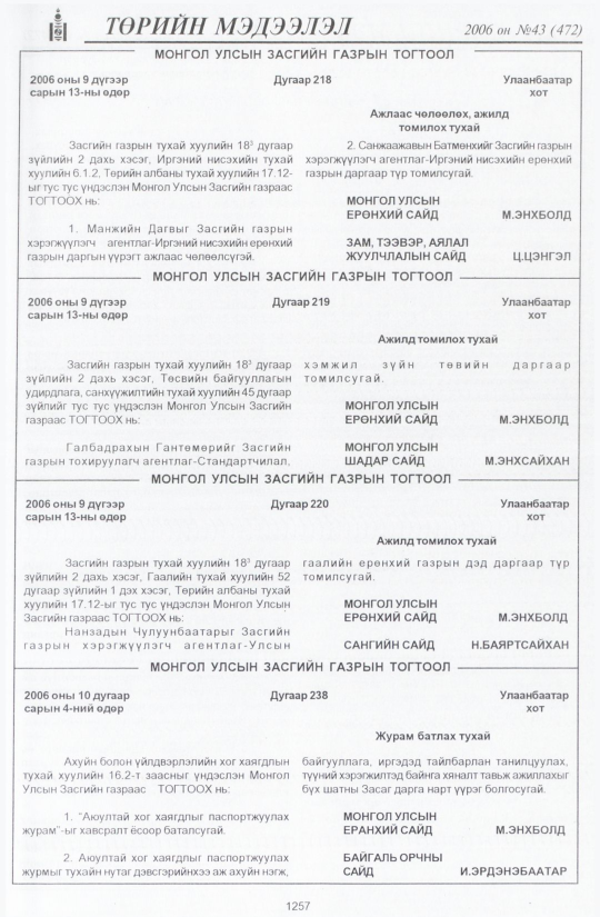 «Төрийн мэдээлэл» № 43, 1257-р хуудасны скан