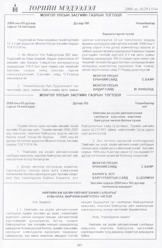 «Төрийн мэдээлэл» № 29, 867-р хуудасны скан