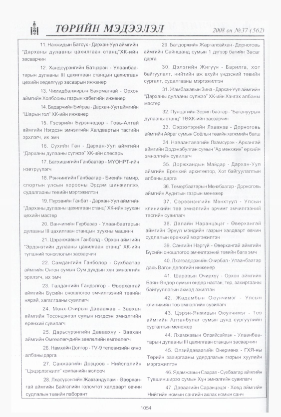 «Төрийн мэдээлэл» № 37, 1054-р хуудасны скан