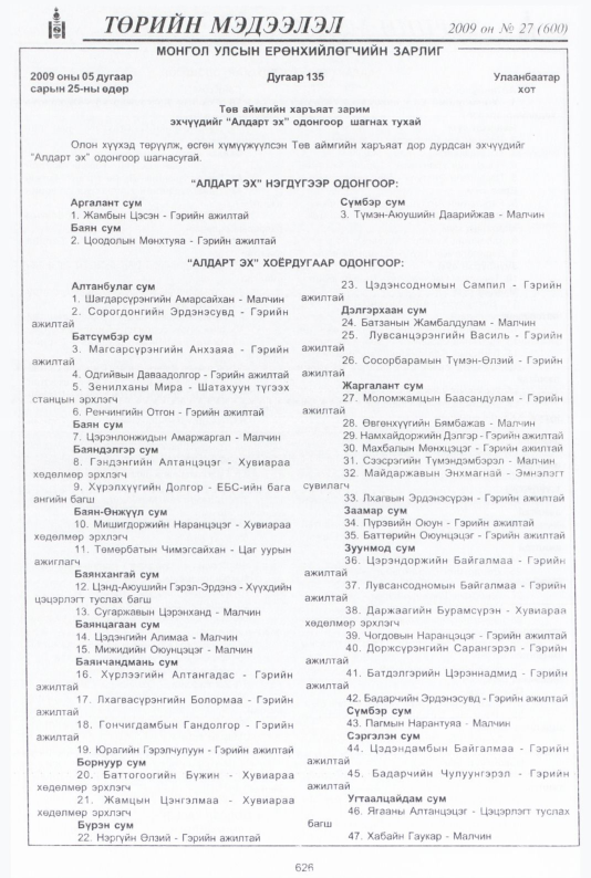 «Төрийн мэдээлэл» № 27, 626-р хуудасны скан