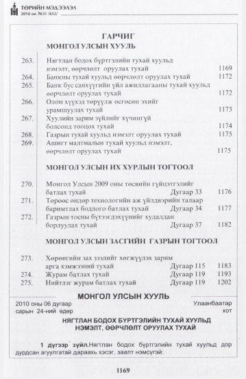 «Төрийн мэдээлэл» № 31, 1169-р хуудасны скан