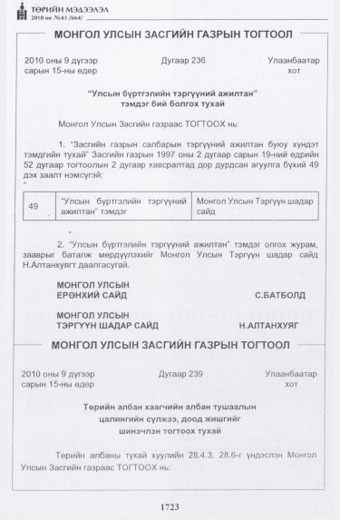 «Төрийн мэдээлэл» № 43, 1723-р хуудасны скан