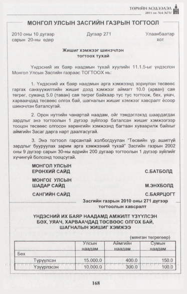 «Төрийн мэдээлэл» № 4, 168-р хуудасны скан