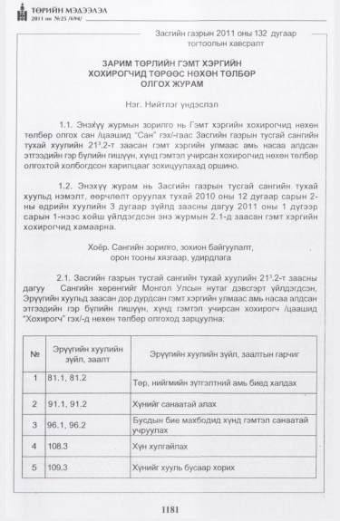 «Төрийн мэдээлэл» № 25, 1181-р хуудасны скан