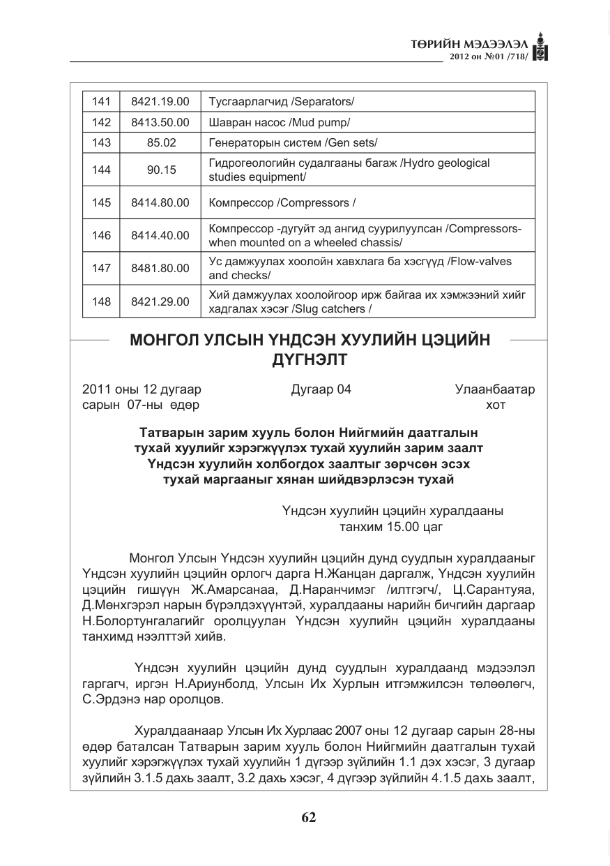 «Төрийн мэдээлэл» № 1, файлын 62-р хуудас