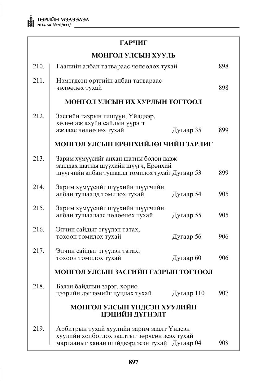 «Төрийн мэдээлэл» № 20, файлын 1-р хуудас