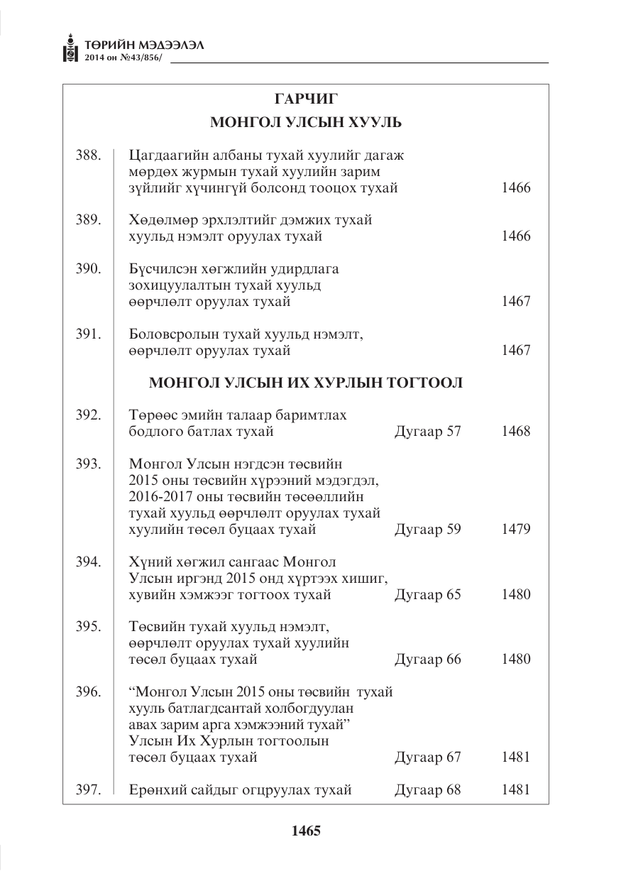 «Төрийн мэдээлэл» № 43, файлын 1-р хуудас